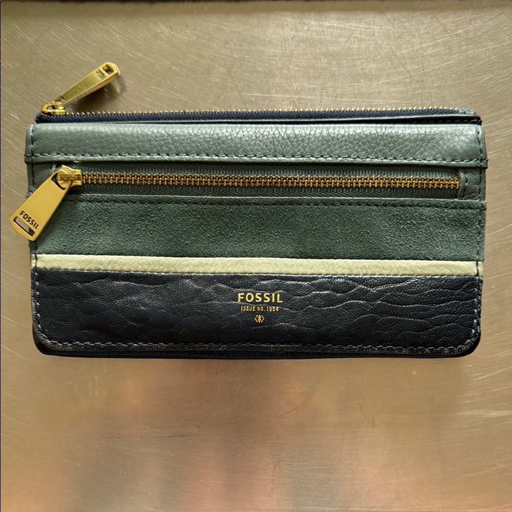 Fossil Two-Tone Leather Wallet with Gold Zipper